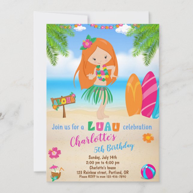 Luau birthday invitation Hawaiian beach party girl (Front)
