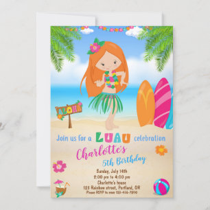 Luau birthday invitation Hawaiian beach party girl