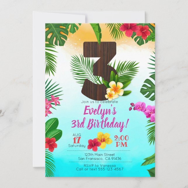 Luau Birthday, Invitation Luau Party 3rd Birthday (Front)
