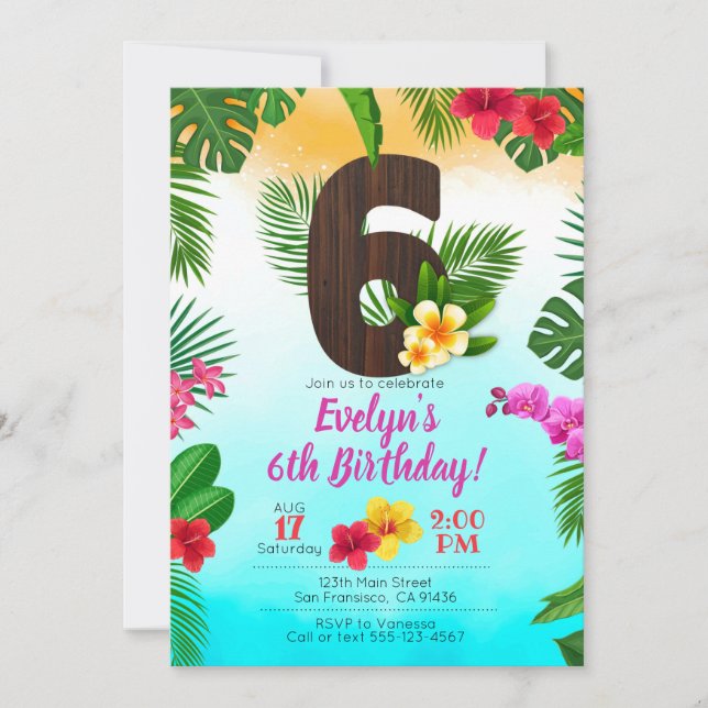 Luau Birthday, Invitation Luau Party 6th Birthday (Front)