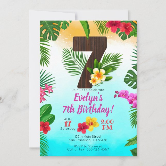 Luau Birthday, Invitation Luau Party 7th Birthday (Front)