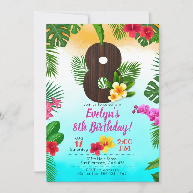 Luau Birthday, Invitation Luau Party 8th Birthday (Front)