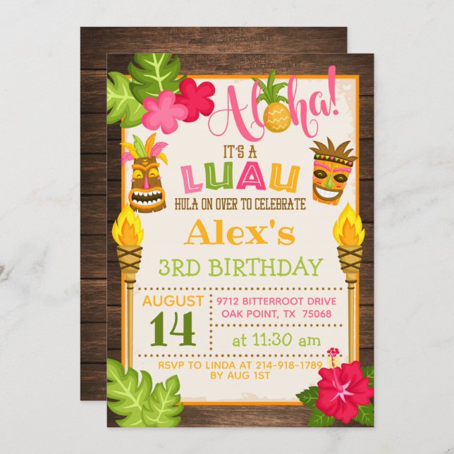 Luau Birthday Invitation - Orange Text (Front/Back)
