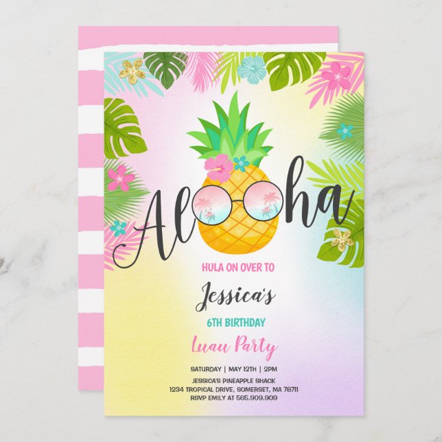 Luau Birthday Invitation Pineapple Hawaiian Luau (Front/Back)