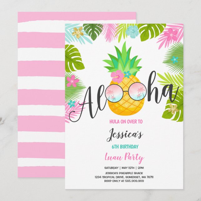 Luau Birthday Invitation Pineapple Hawaiian Luau (Front/Back)