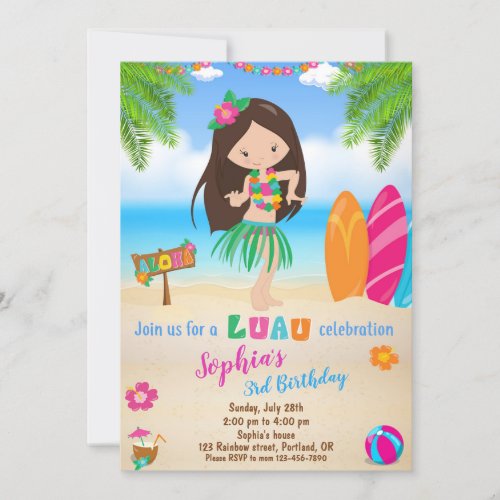Luau birthday invitation Tropical beach party girl