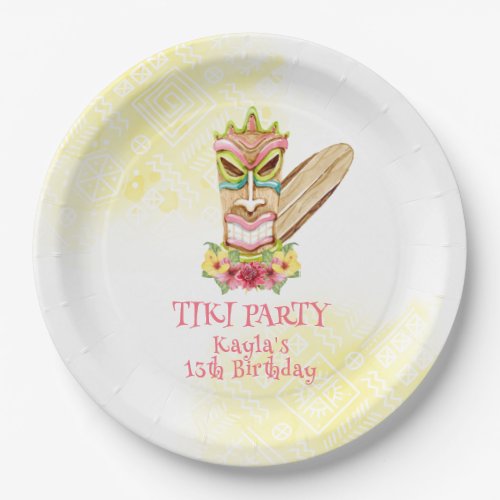Luau Birthday Paper Plates with Tiki God  Flowers