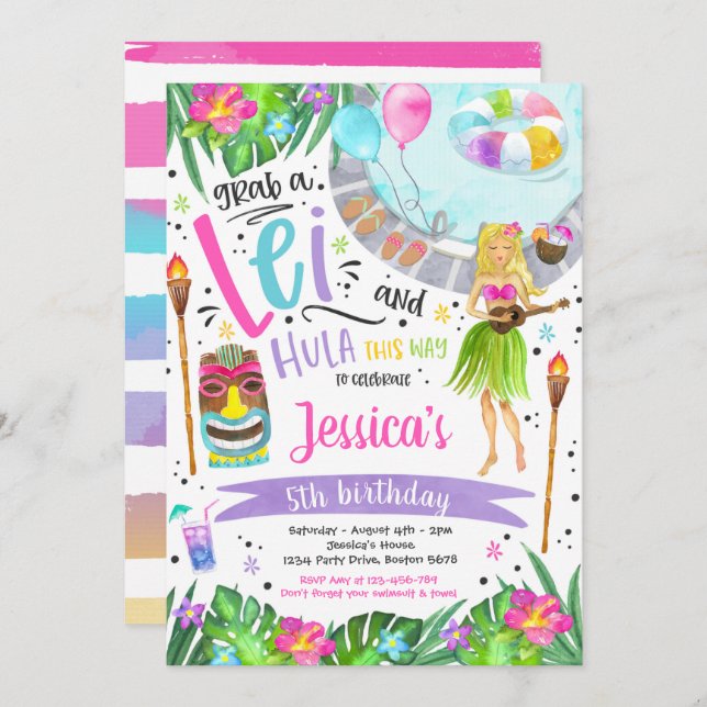 Luau Birthday Party Hawaiian Pineapple Pool Party  Invitation (Front/Back)
