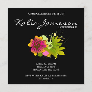 Luau Birthday Party Invite Hibiscus Flower Black