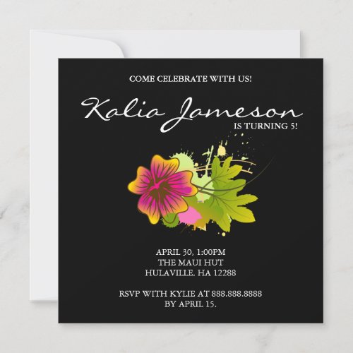 Luau Birthday Party Invite Hibiscus Flower Black
