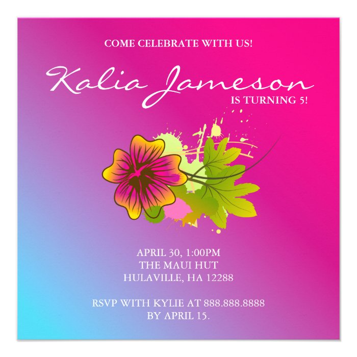 Luau Birthday Party Invite Hibiscus Flower Pink Bl