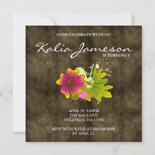 Luau Birthday Party Invite Hibiscus Flower Suede