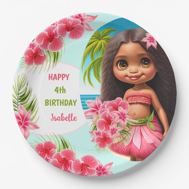 Luau birthday Tropical beach party girl Paper Plates (Front)