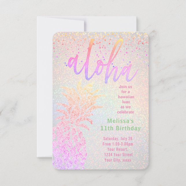 luau faux colorful glitter pineapple birthday invitation (Front)