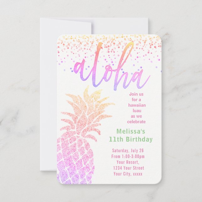 luau faux glitter pineapple birthday party invitation (Front)