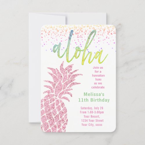 luau faux glitter pink pineapple summer birthday invitation