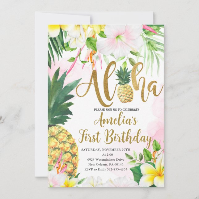Luau First Birthday, Tropical Birthday, Aloha Invitation (Front)