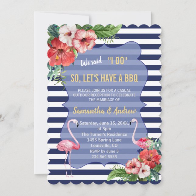 Luau Flamingo Floral Navy Stripes I DO BBQ Invite (Front)
