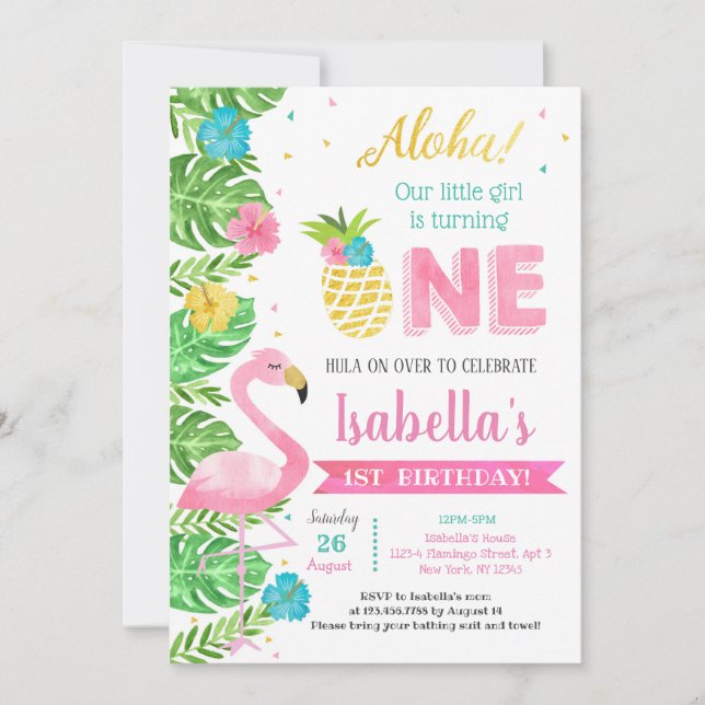  Luau Flamingo Tropical 1st Birthday Invitations (Front)