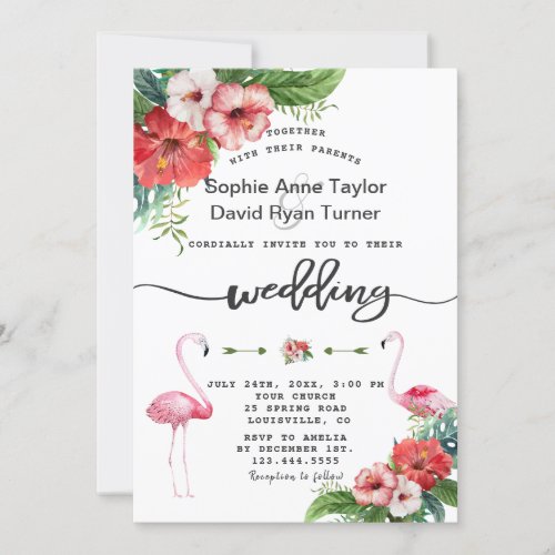 Luau Flamingo Tropical Floral Handwriting Wedding Invitation