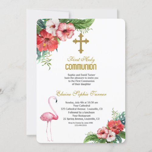 Luau Flamingo Tropical Floral Holy Communion Invitation