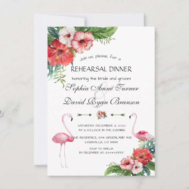 Luau Flamingo Tropical Floral Rehearsal Dinner Invitation (Front)