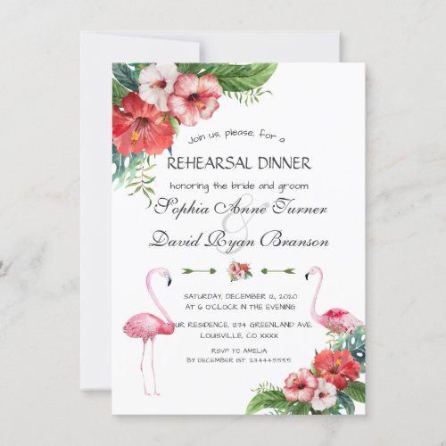 Luau Flamingo Tropical Floral Rehearsal Dinner Invitation
