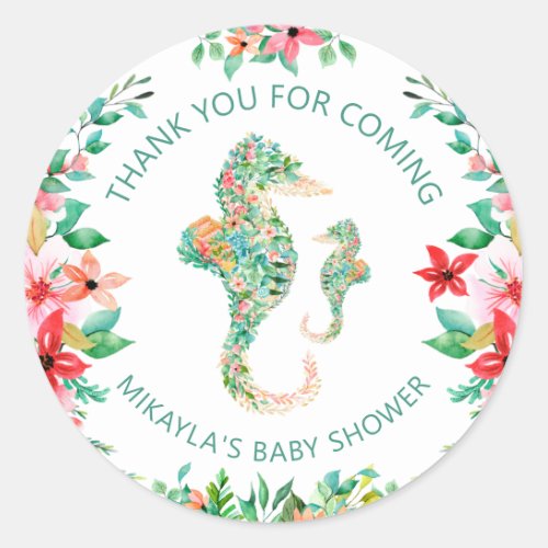 Luau Floral Seahorse Baby Shower Thank You Classic Round Sticker