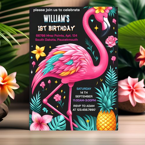 Luau Fly Pink Flamingo Pool Party 1st birthday Invitation