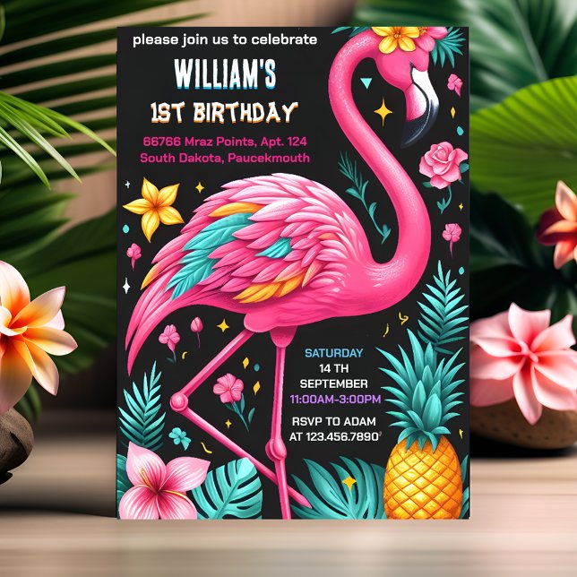 Luau Fly Pink Flamingo Pool Party 1st birthday Invitation (Creator Uploaded)