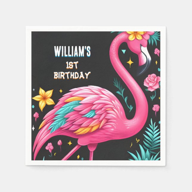 Luau Fly Pink Flamingo Pool Party 1st birthday Napkins (Front)