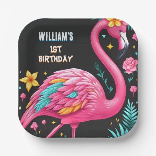 Luau Fly Pink Flamingo Pool Party 1st birthday Paper Plates