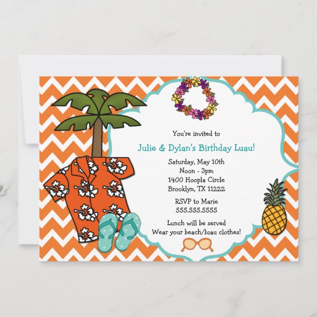 Luau Hawaiian Birthday Party Invite Neutral Gender (Front)