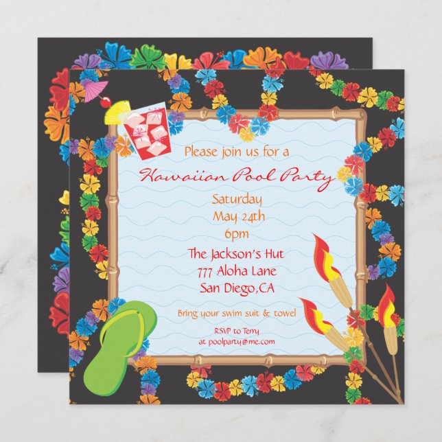 Luau Hawaiian Pool Party Invitation Card (Front/Back)