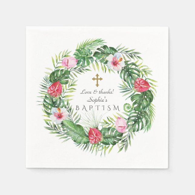 Luau Hawaiian Tropical Flowers Wreath Baptism Napkins (Front)