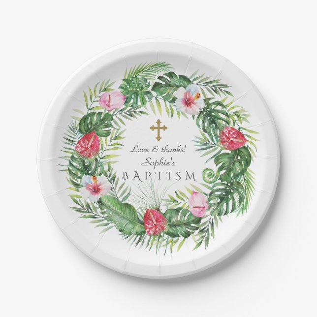 Luau Hawaiian Tropical Flowers Wreath Baptism Paper Plates (Front)