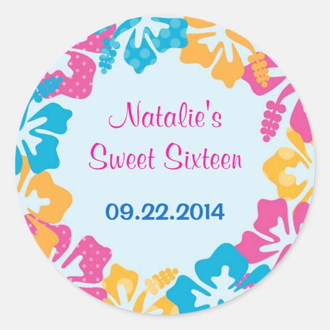 Luau Hibiscus Sweet Sixteen (16) Favor Sticker (Front)