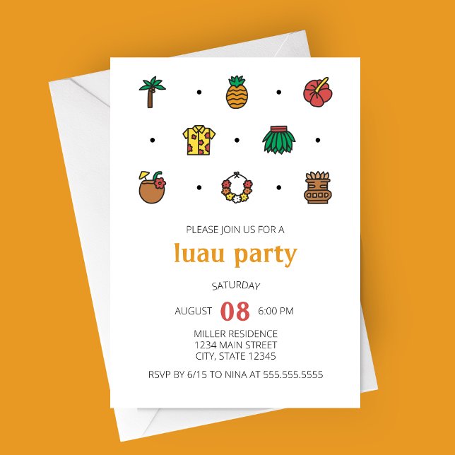 Luau Line Icons Party Invitation (Luau Party Invitation | Minimalist Modern Luau Line Icons )