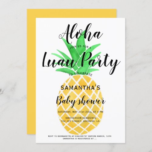 Luau party Aloha baby shower pineapple watercolor Invitation