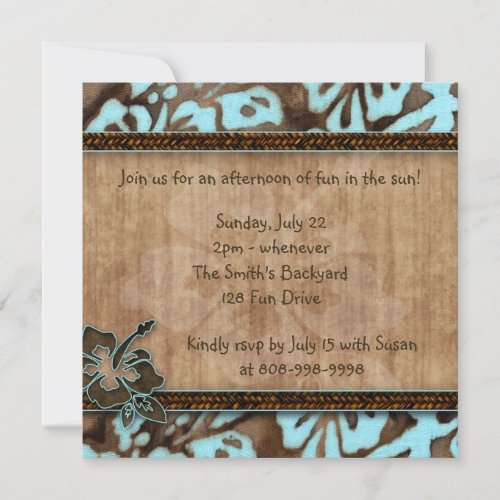 Luau Party Invitation Hibiscus Blue Brown