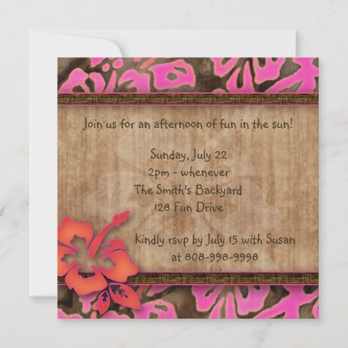 Luau Party Invitation Hibiscus Pink Brown Orange