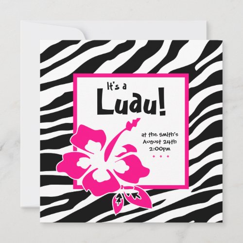 Luau Party Invitation Hibiscus Zebra Pink Black