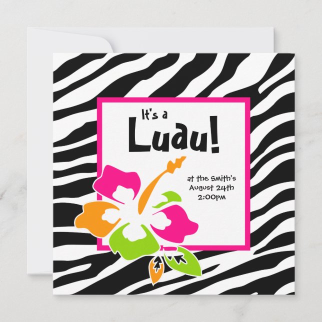 Luau Party Invitation Hibiscus Zebra Pink Org Lime (Front)