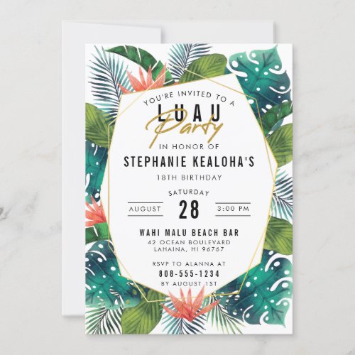 Luau Party Modern Gold Tropical Hawaiian Birthday Invitation