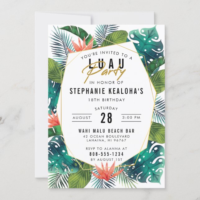 Luau Party Modern Gold Tropical Hawaiian Birthday Invitation (Front)