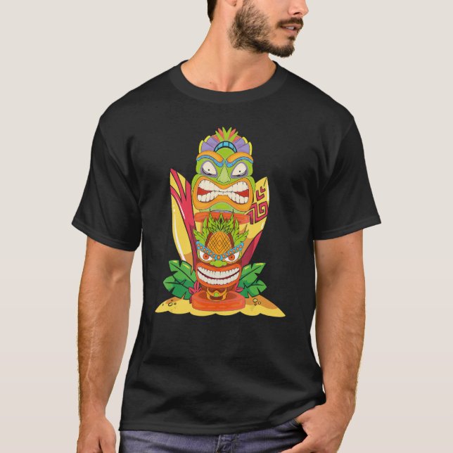 Luau Party Surfboard Polynesian Statue Tiki Mask H T-Shirt (Front)