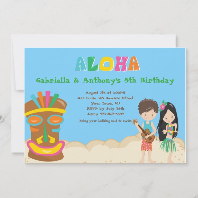 Luau Party With Boy &Girl Tiki Birthday Invitation (Front)