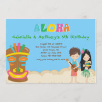 Luau Party With Boy &Girl Tiki Birthday Invitation