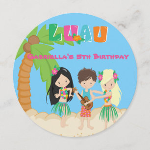 Luau Party With Palm Tree & Kids Round Invitation