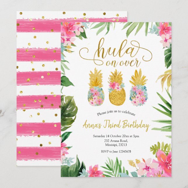 Luau Pineapple Girl Birthday Invitation (Front/Back)